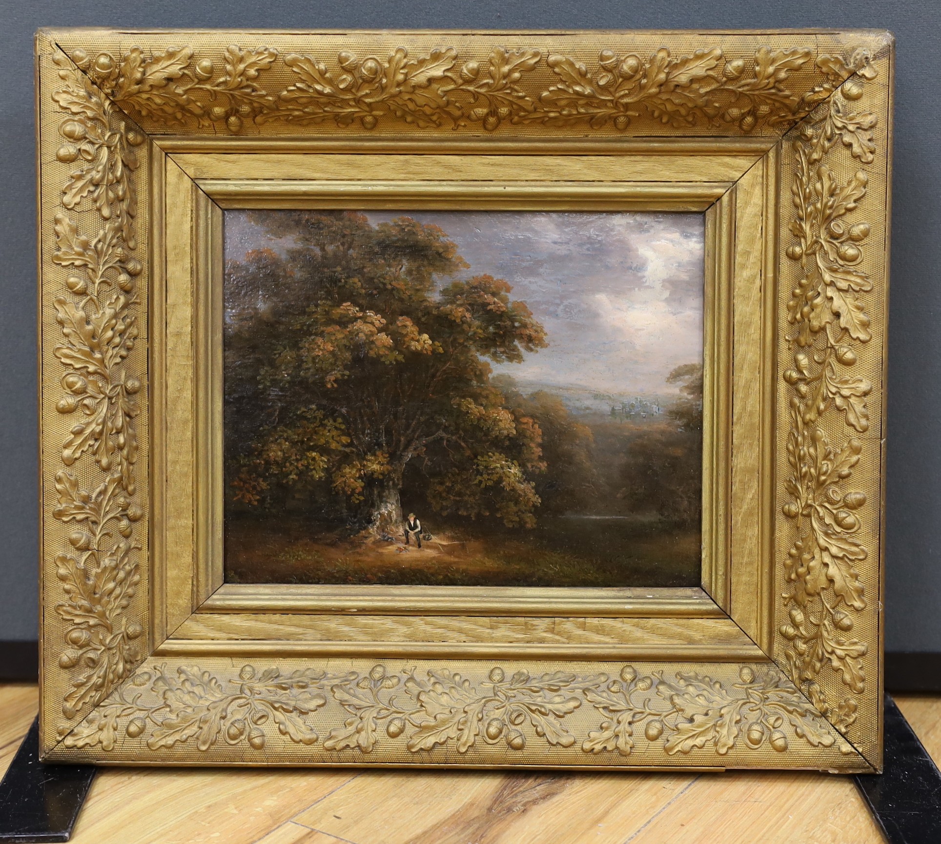 19th century English School, oil on panel, Figure in woodland, 22 x 28cm